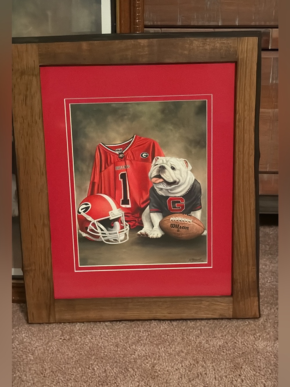 Framed Bulldog Football Print in Red